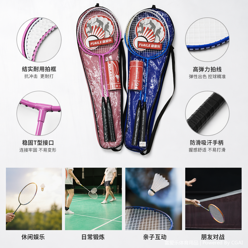 Pink and blue one-piece badminton and tennis racket set with padel rackets