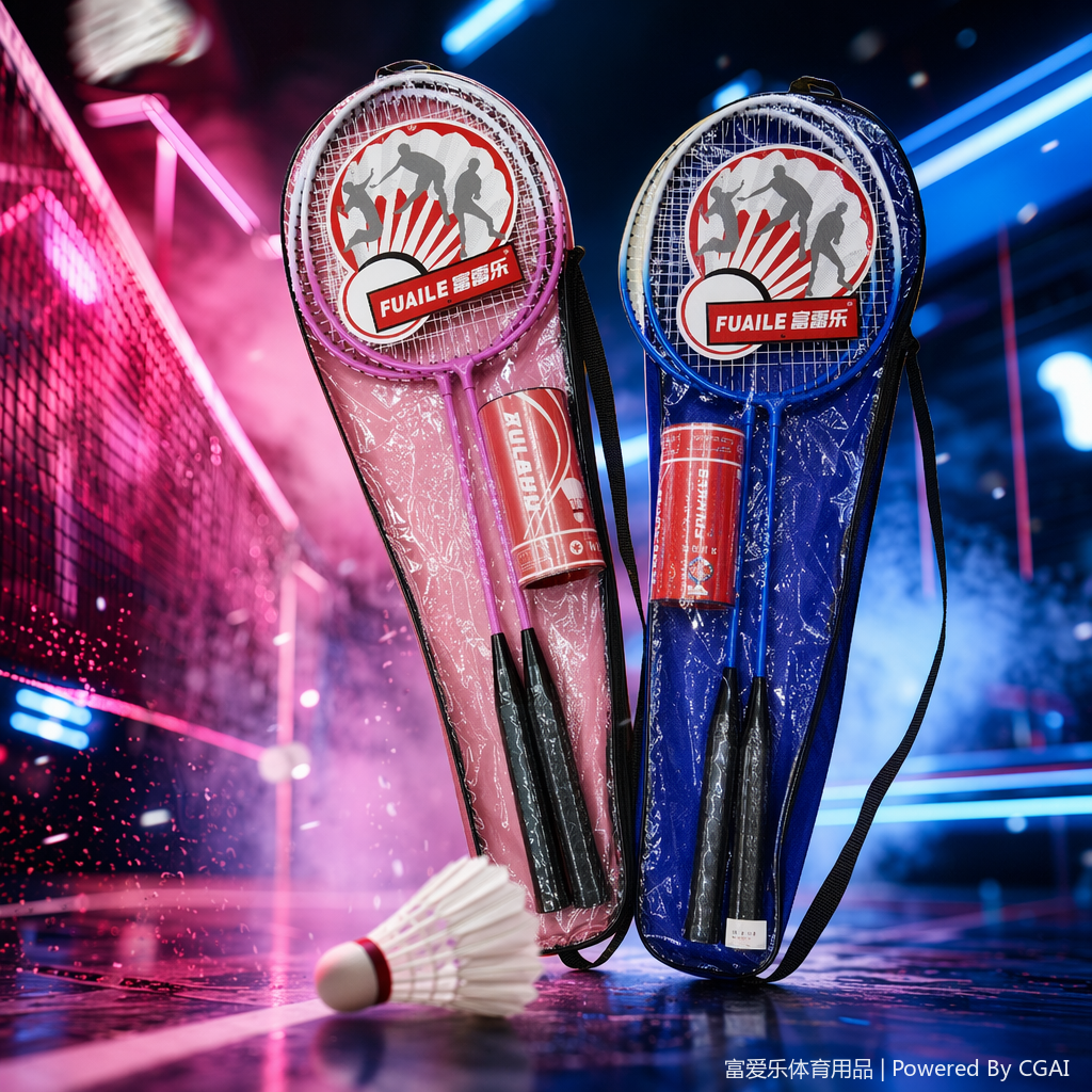 Pink and blue one-piece badminton and tennis racket set with padel rackets Specification image