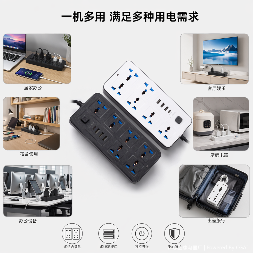 Black and white dual-color multi-hole cabinet socket combination power strip