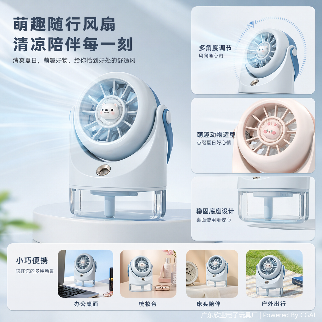 Three cute designs: spray fan, polar bear, little rabbit, chick, light blue, pink white, beige, ice crystal background full image