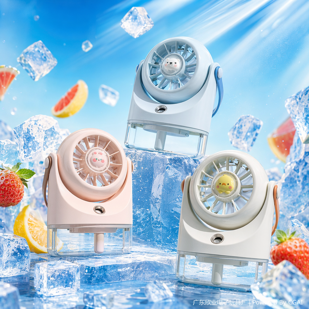 Three cute designs: spray fan, polar bear, little rabbit, chick, light blue, pink white, beige, ice crystal background Specification image