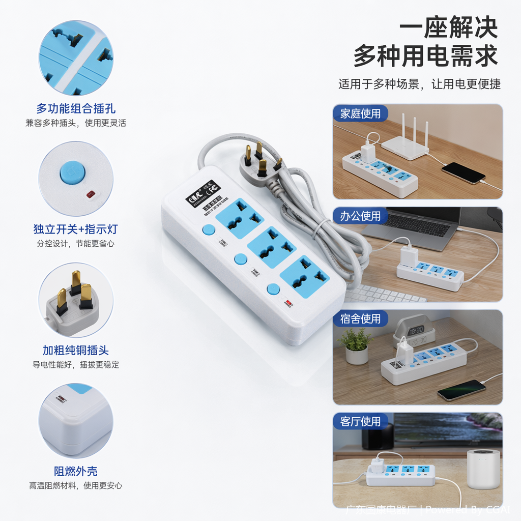 白色多孔桌面插座嵌入式无线充智能开关多功能插线板