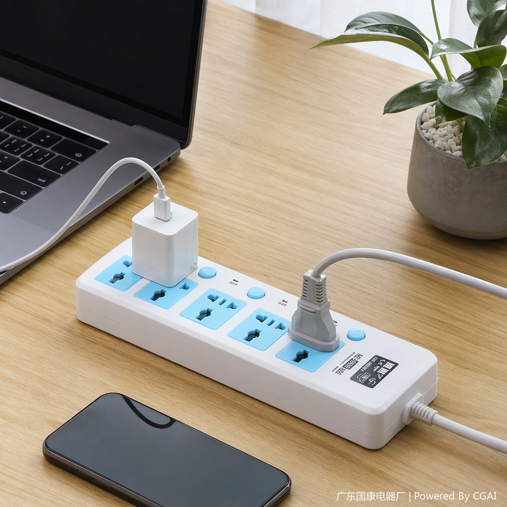 White multi-hole desktop socket, embedded wireless charger, smart switch, multi-functional power strip details Picture