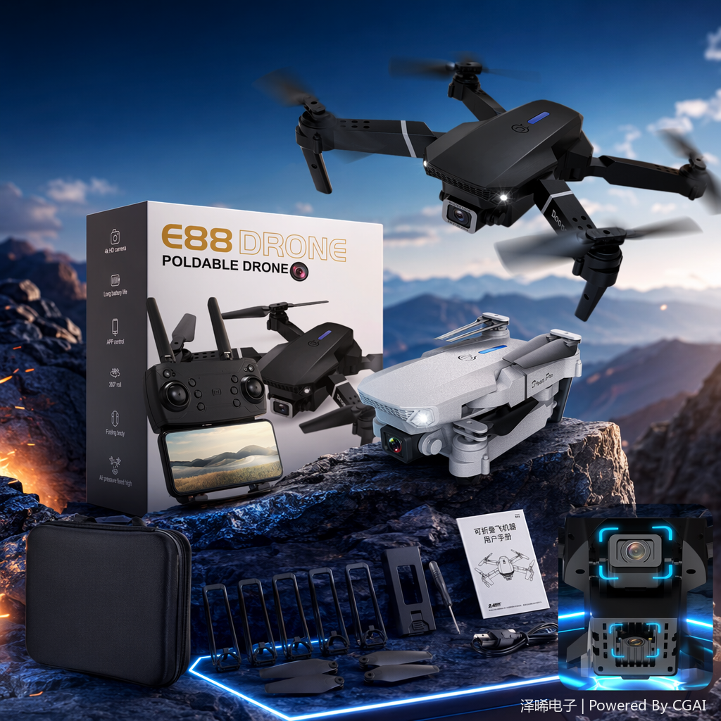 The E88 black folding drone is a lightweight and portable aerial photography device with an intelligent remote control, offering an extremely high cost-performance ratio details Picture