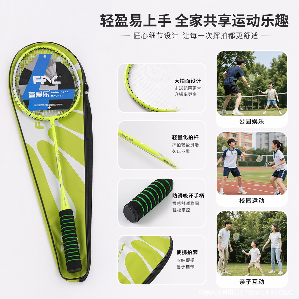 Orange and green integrated badminton rackets, tennis rackets and racket covers padel rackets