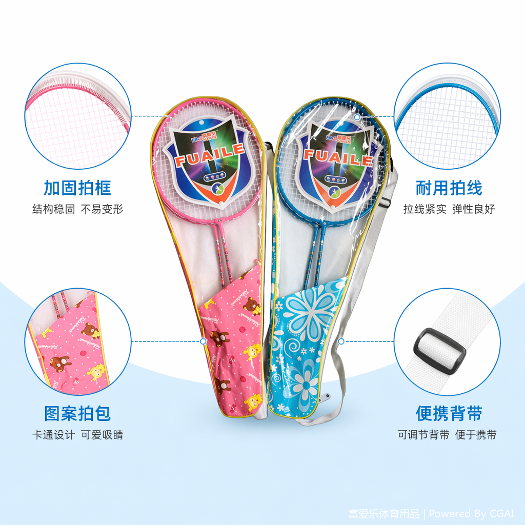 Pink and blue lightweight all-in-one badminton and tennis padel three-in-one racket set