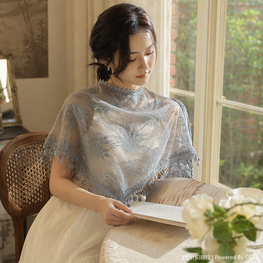 Ru Wei grey lace shawl, cashmere scarf, mulberry silk hair band details Picture