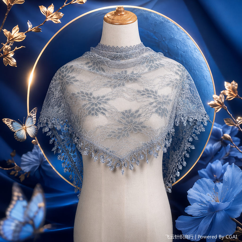 Ru Wei grey lace shawl, cashmere scarf, mulberry silk hair band Specification image