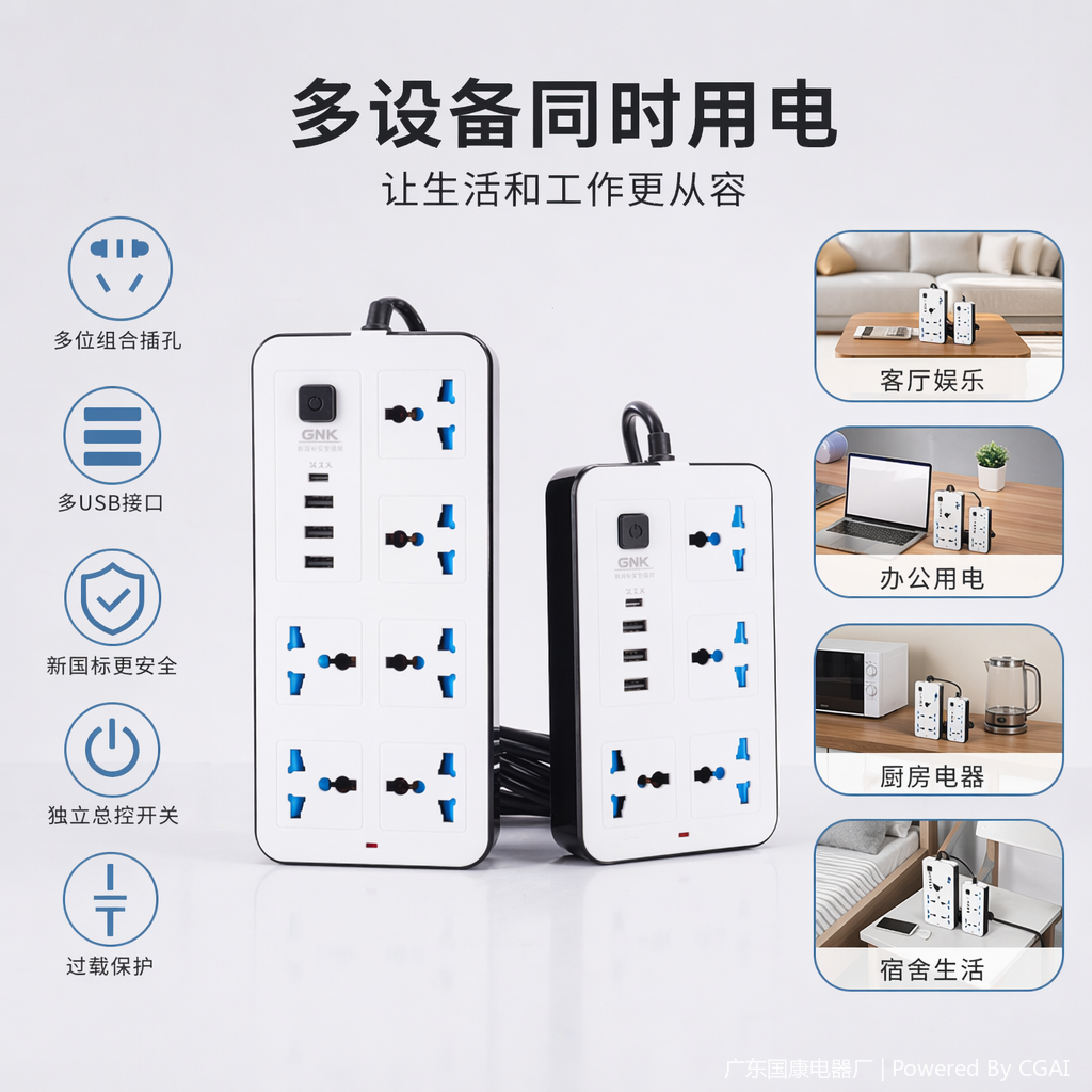 White multi-hole cabinet socket power strip, 10A 250V industrial-grade lightning and overload protection