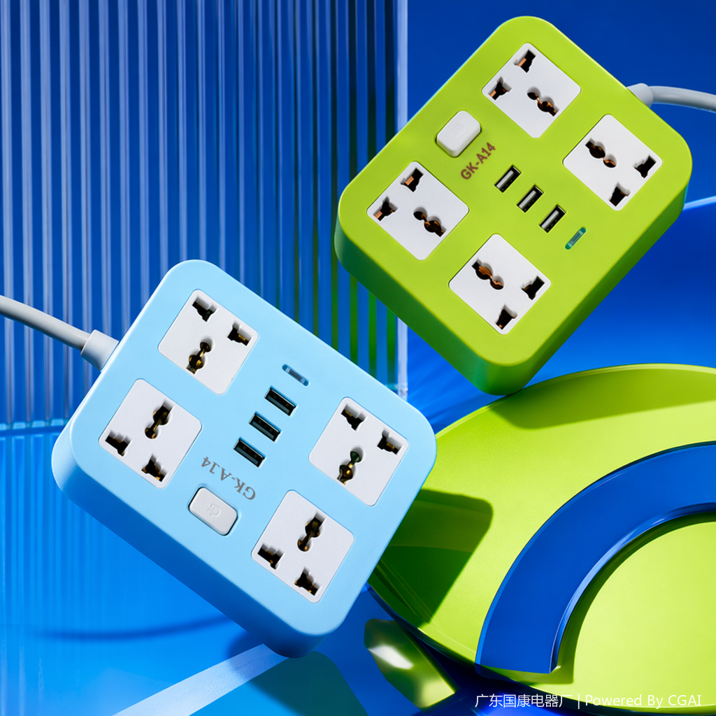 The green and blue dual-color conversion socket power strip features multi-hole sockets and USB interfaces Specification image