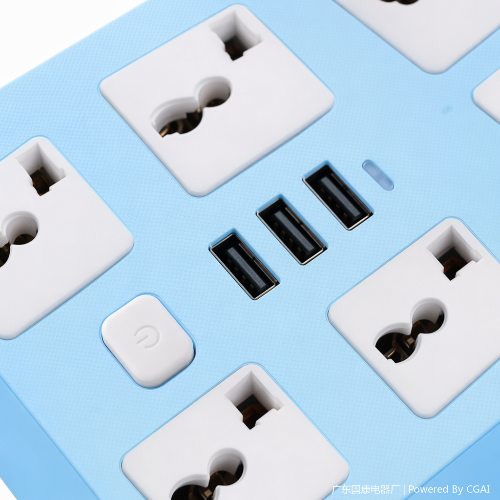 The green and blue dual-color conversion socket power strip features multi-hole sockets and USB interfaces Application Scenario