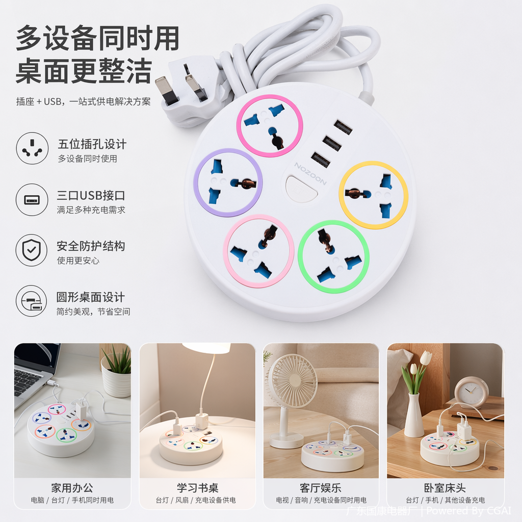 White circular multi-hole conversion socket with British plug, color rotating cover, British standard and European standard universal power converter