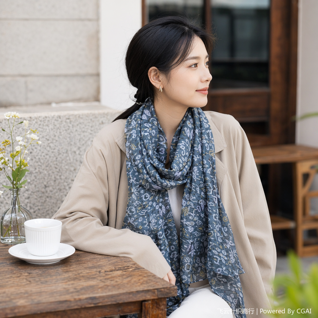 Blue-gray herringbone woolen scarf, gauze scarf, Muslim headscarf, printed scarf details Picture