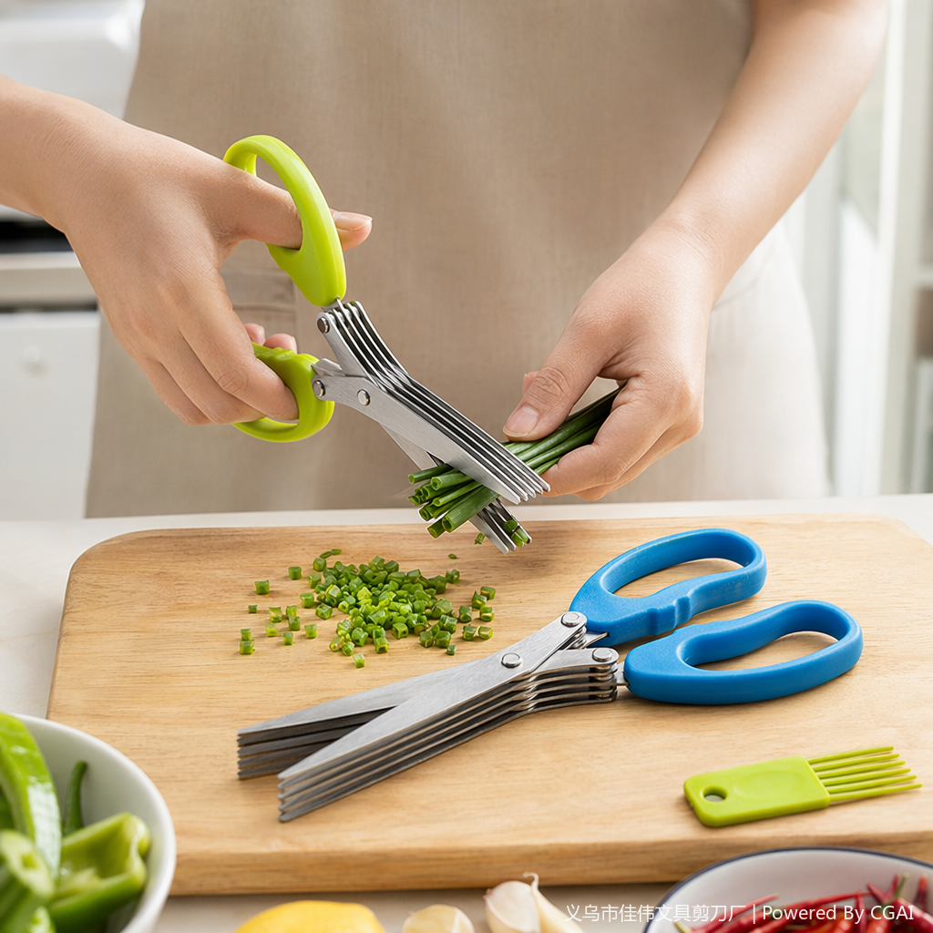 A set of household multi-functional cutting tools featuring blue handle scissors and green handle scissors details Picture
