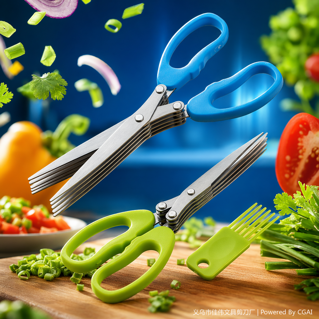 A set of household multi-functional cutting tools featuring blue handle scissors and green handle scissors Specification image