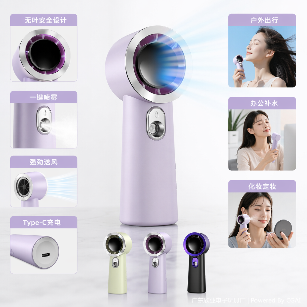 Simple white, purple, beige and black spray small fan