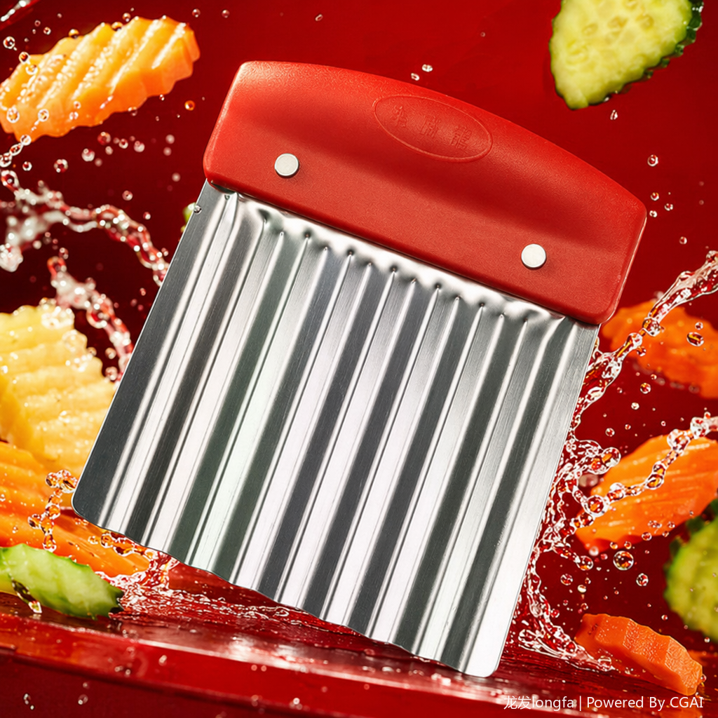 Stainless steel red handle, stainless steel wavy cutting knife, scraper, multi-functional baking tool, potato knife Specification image