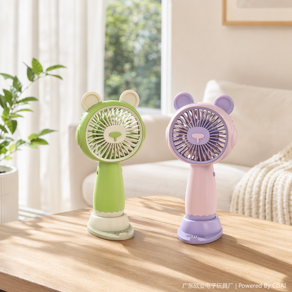 Cartoon bear green and pink animal-shaped handheld fan with base details Picture