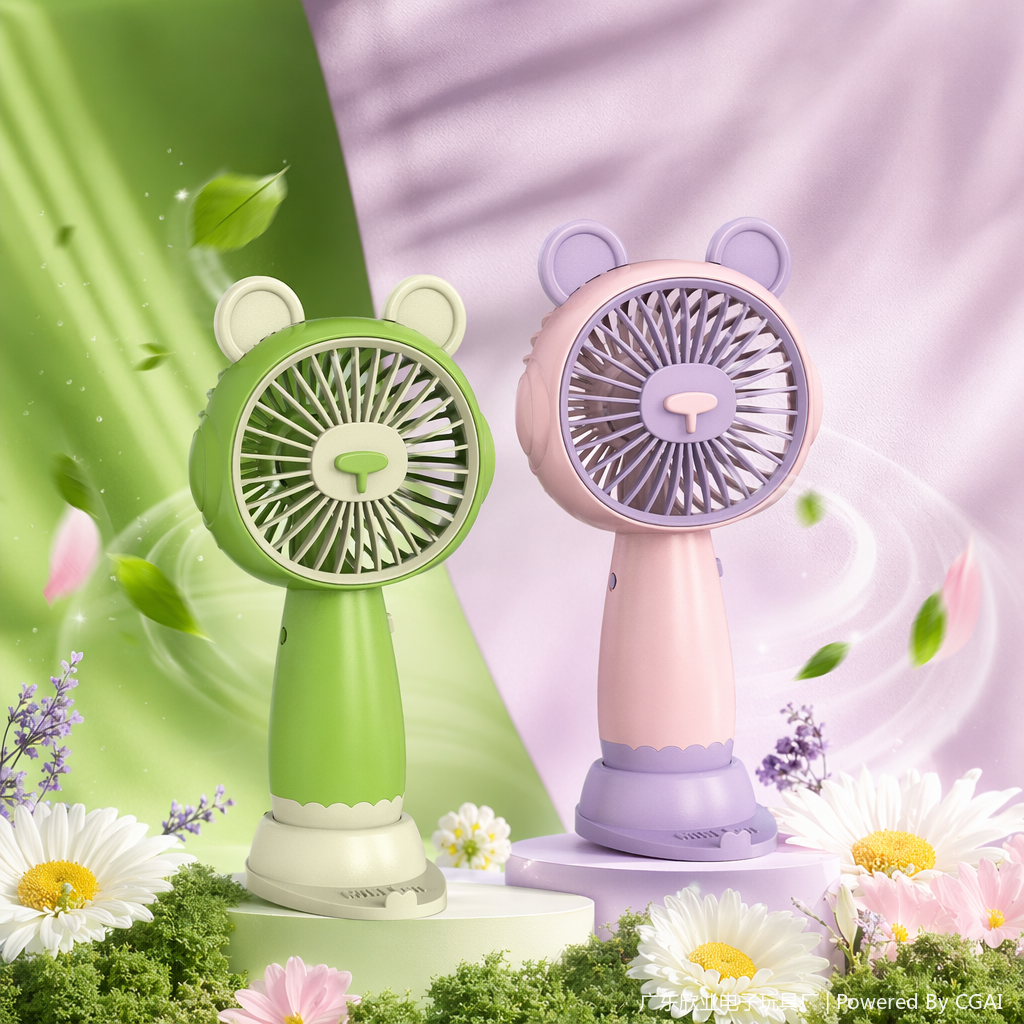 Cartoon bear green and pink animal-shaped handheld fan with base Specification image