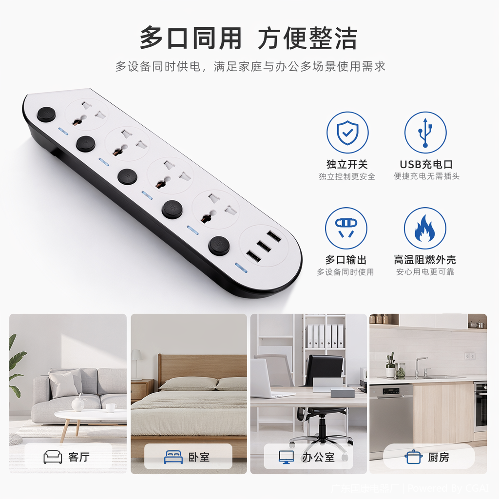 The WIFI smart socket features a white power strip with a USB interface, a remote control socket, and a black button socket cover