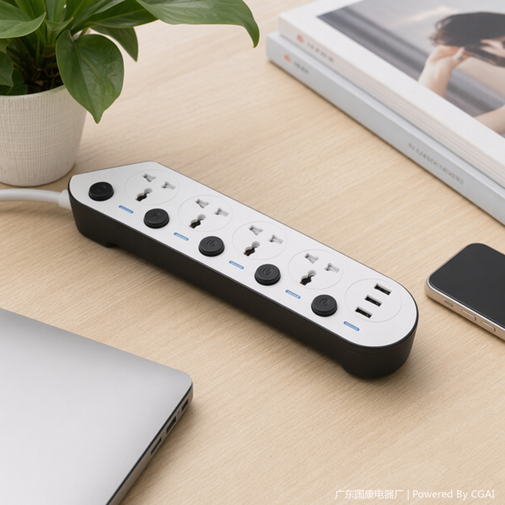The WIFI smart socket features a white power strip with a USB interface, a remote control socket, and a black button socket cover details Picture