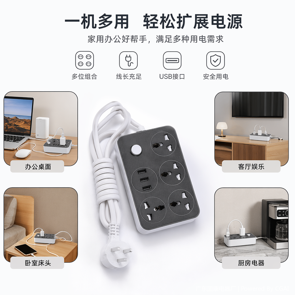 ولواح التوصيل الأسود مزودة بأجهزة التوصيل متعددة الأغراض، وهي مزودة بأجهزة شحن USB لحماية الطفل