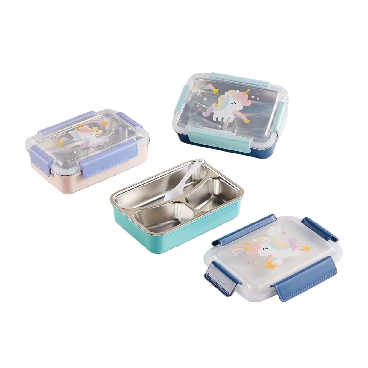 A stainless steel insulated lunch box set with a colorful unicorn pattern style Item Picture