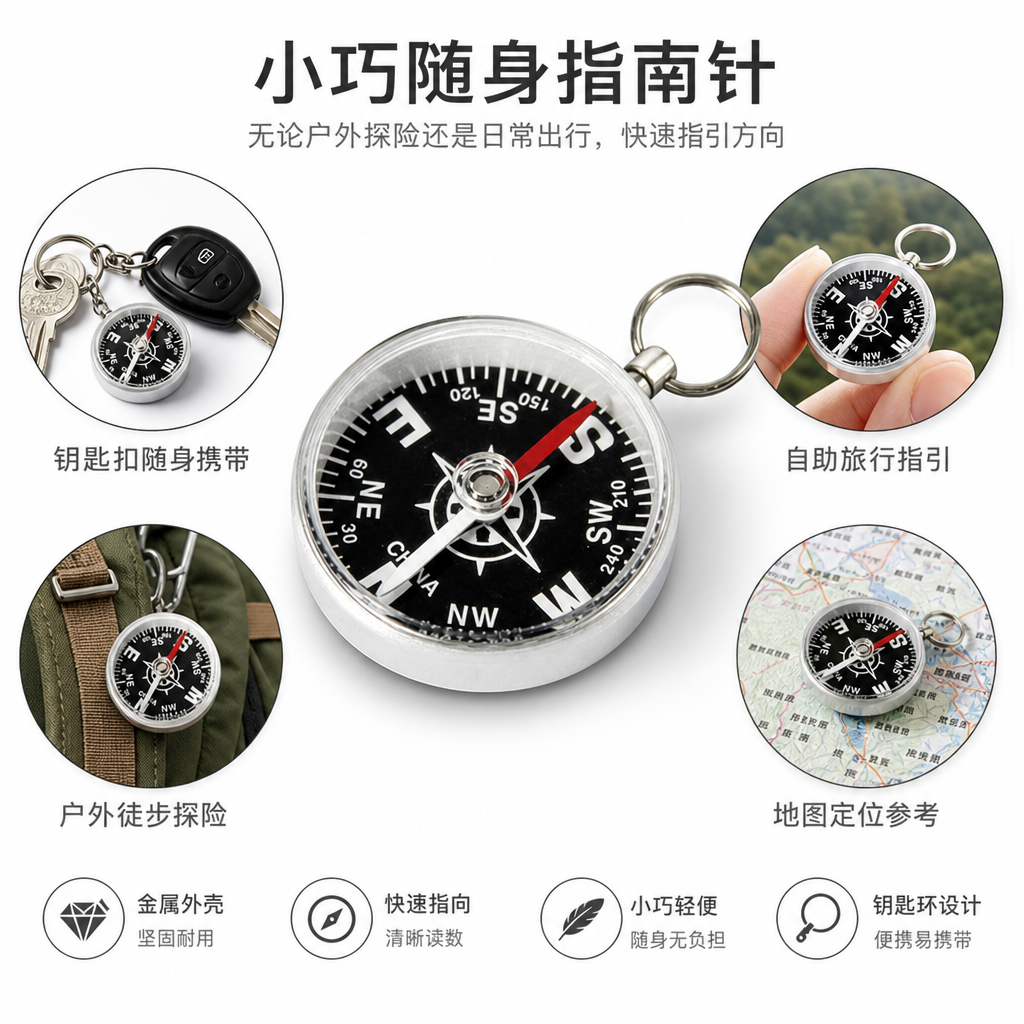 银色外壳罗盘指南针 高精度户外定向工具