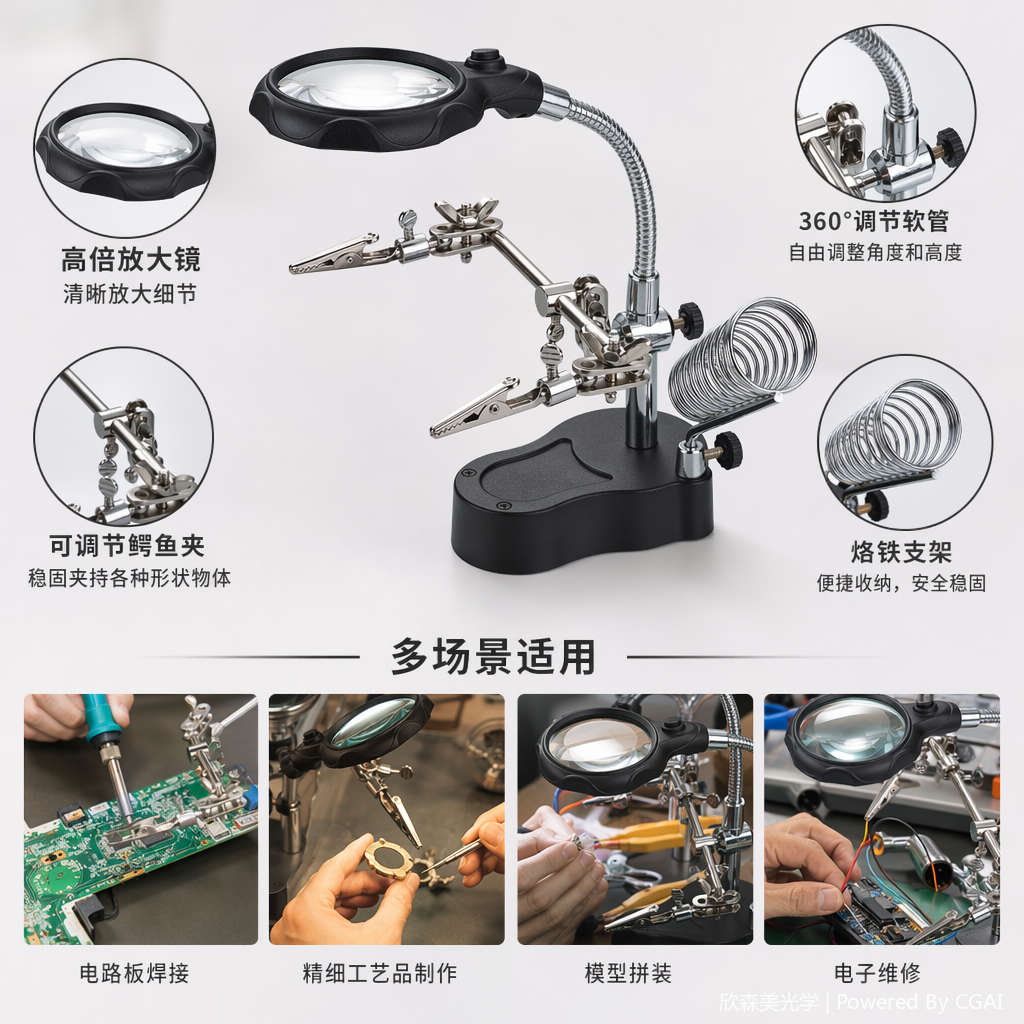 黑色底座柔性臂放大镜工作台 双夹具LED灯弹簧线圈工具