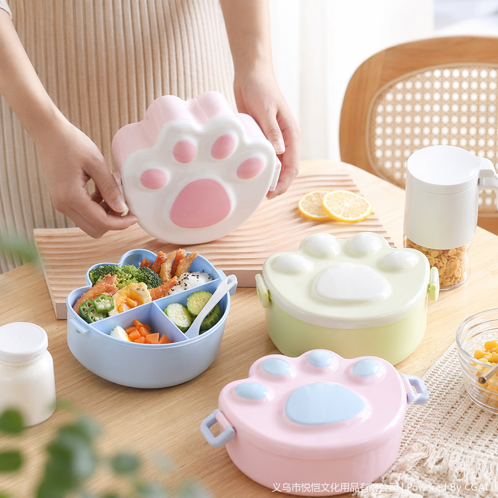 Student pink and white claw print silicone food storage box lunch box, children's cartoon simple lunch box