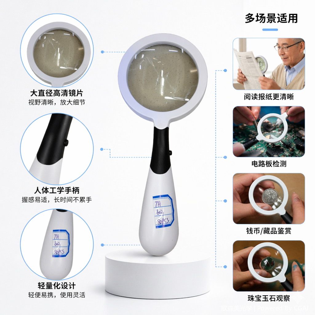 白色手柄卡片式放大镜 老人用品 放大镜片