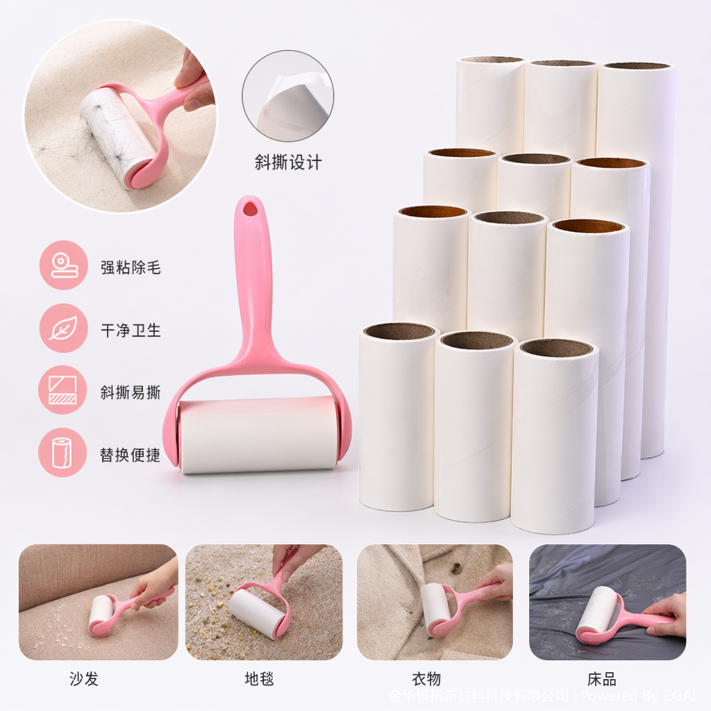 白色粘毛滚卷筒配粉色手柄去毛球除毛器粘毛神器