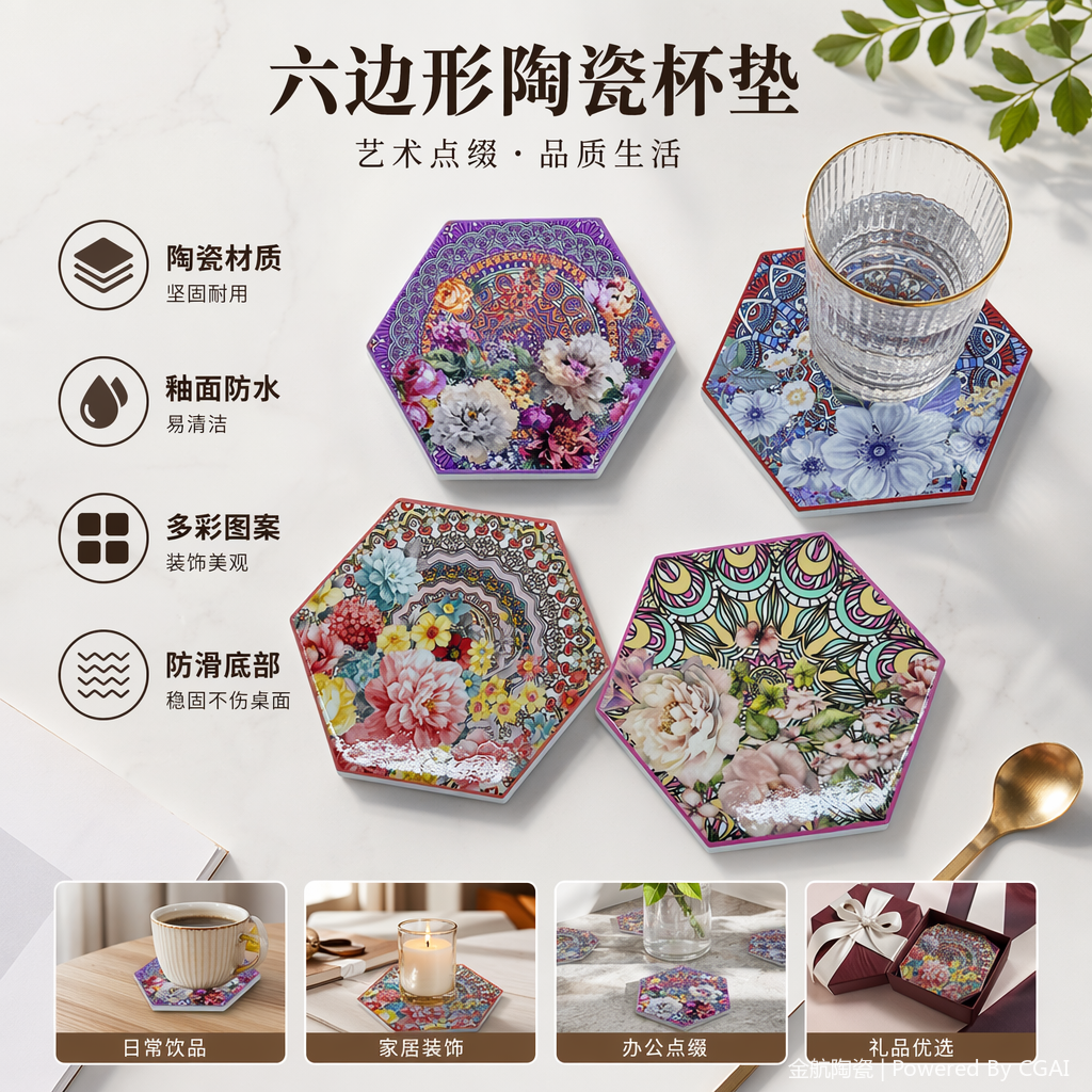 彩色六边形装饰盘 杯垫 陶瓷创意墙面摆件