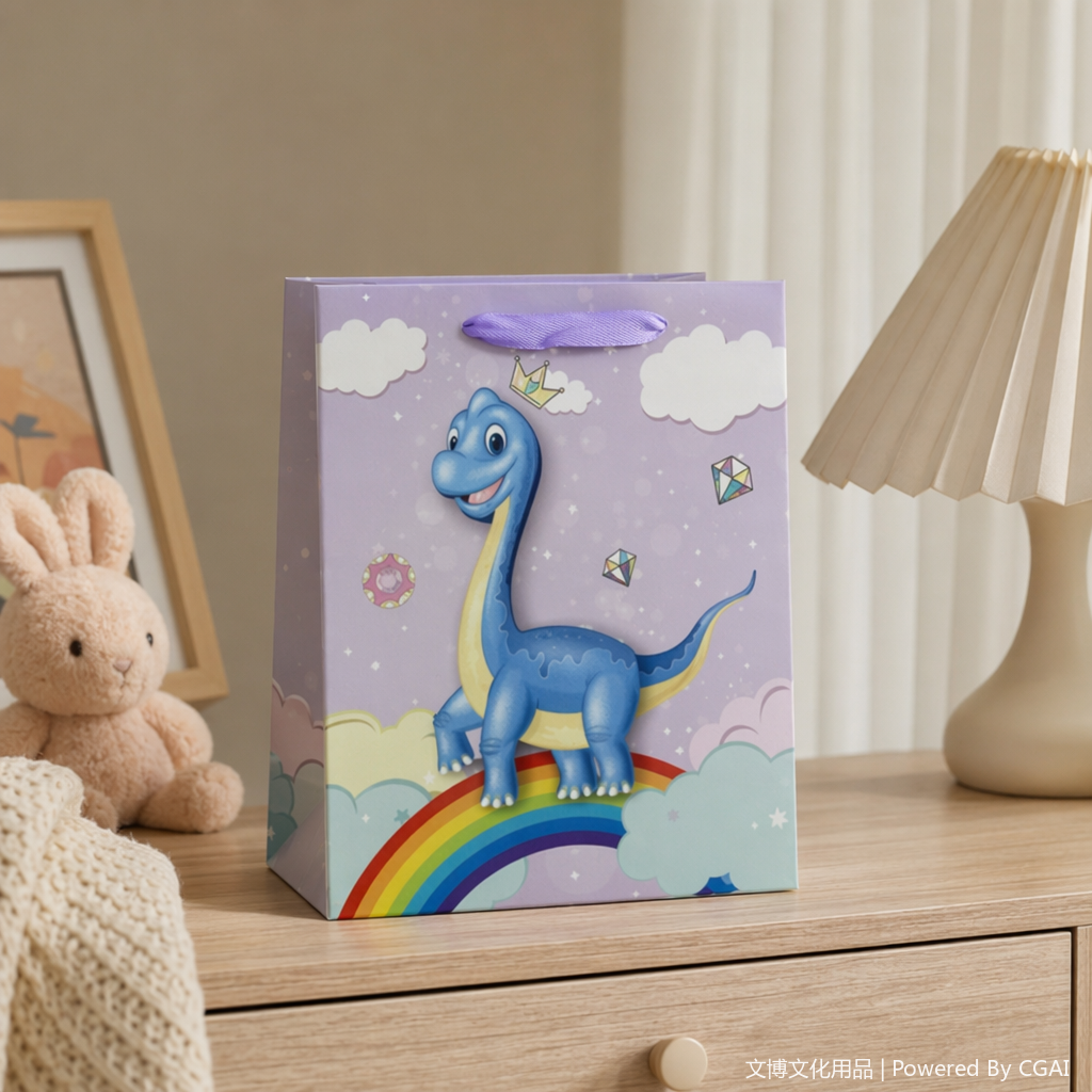 Purple cartoon dinosaur rainbow gift bag, souvenir, running light decoration packaging box details Picture