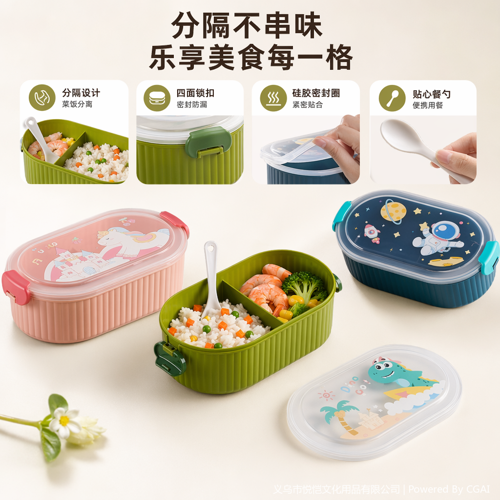 Colorful cartoon plastic food storage box combination, student and children's lunch box, simple lunch box details Picture