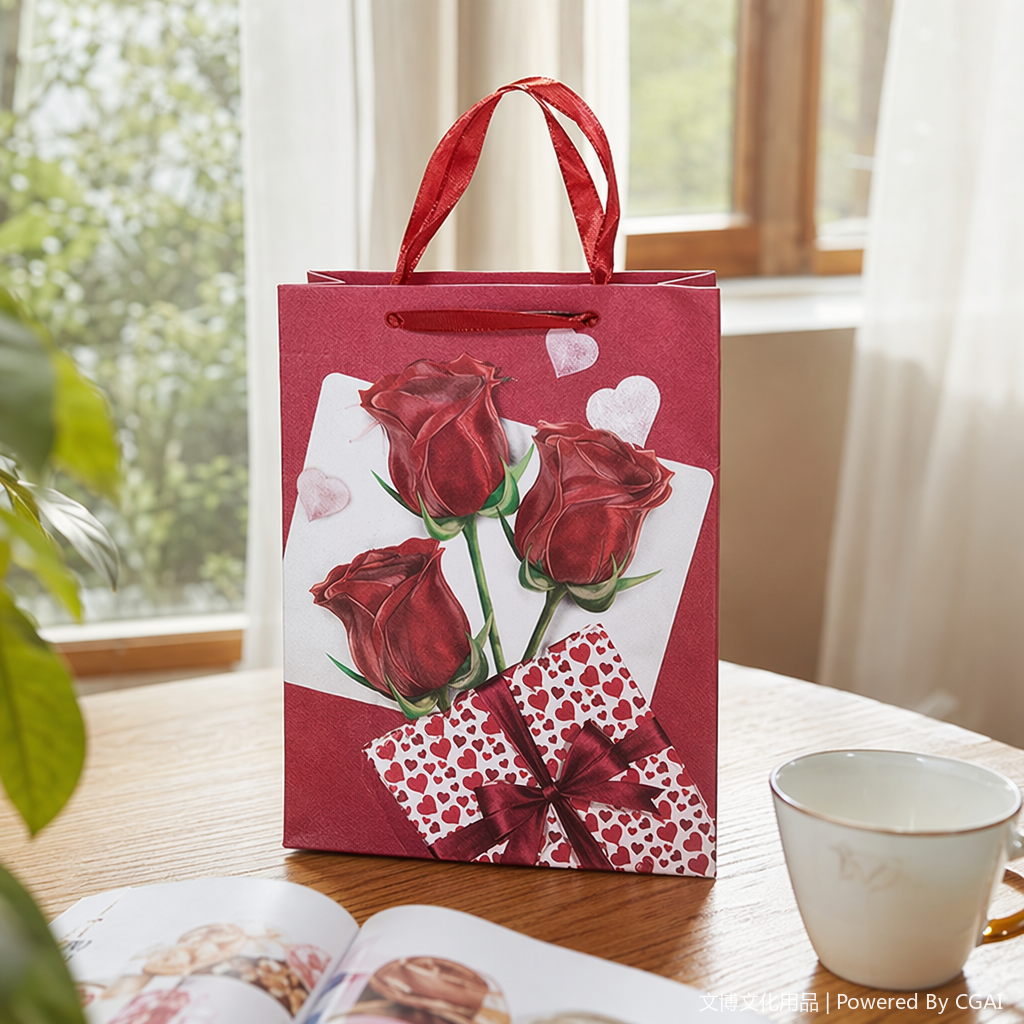 The red gift bag is paired with a red and white checkered butterfly companion gift box. The bag body is printed with three red rose heart-shaped patterns details Picture