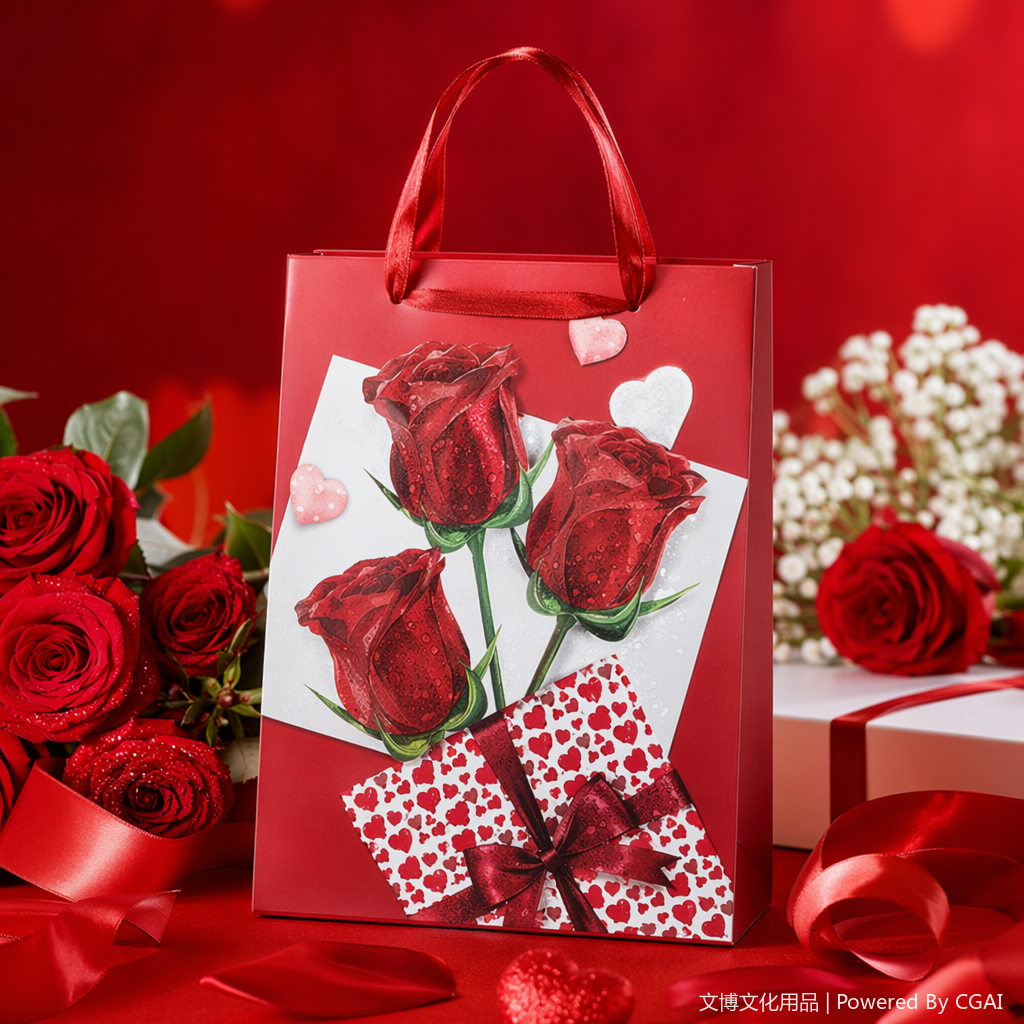 The red gift bag is paired with a red and white checkered butterfly companion gift box. The bag body is printed with three red rose heart-shaped patterns Specification image