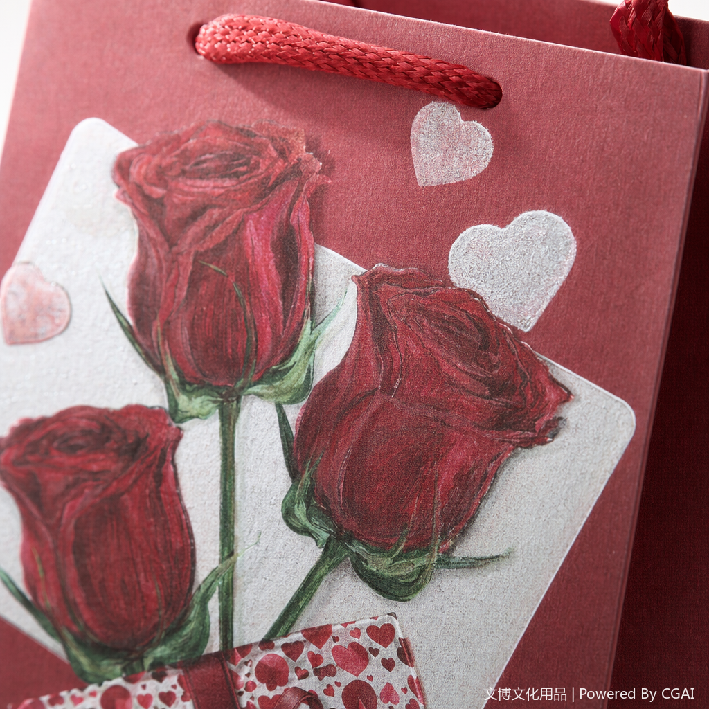 The red gift bag is paired with a red and white checkered butterfly companion gift box. The bag body is printed with three red rose heart-shaped patterns Application Scenario