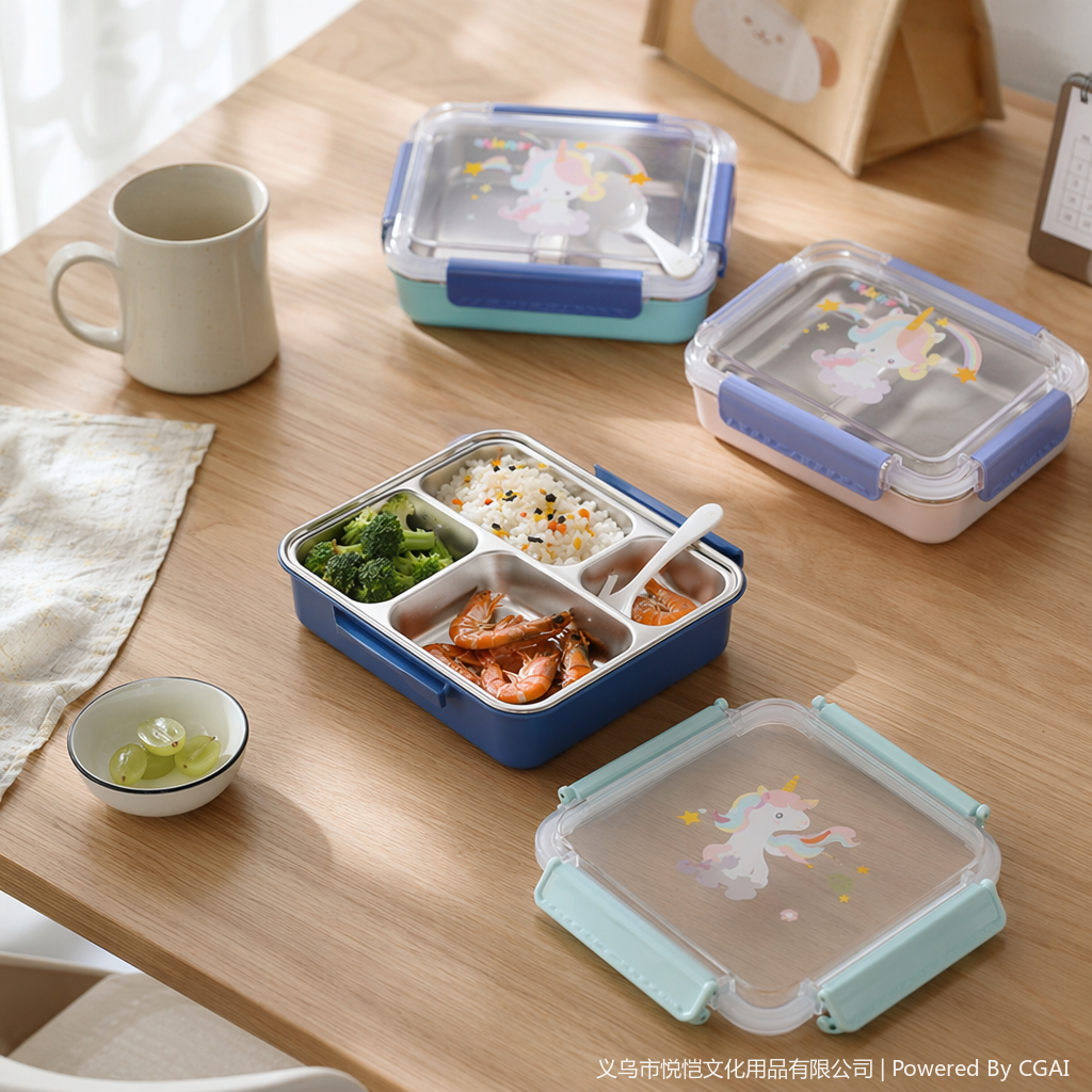 Colorful unicolon-patterned kitchenware bento box with hotel knife and fork lunch box