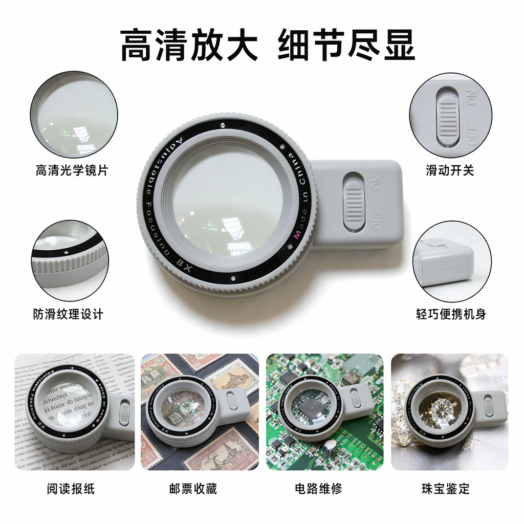 灰色卡片式放大镜片老人用品放大镜台灯