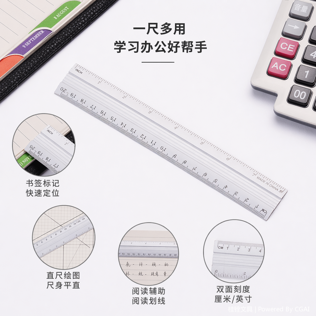 铝合金学生直尺40CM白色钢直尺尺子4件套学习用