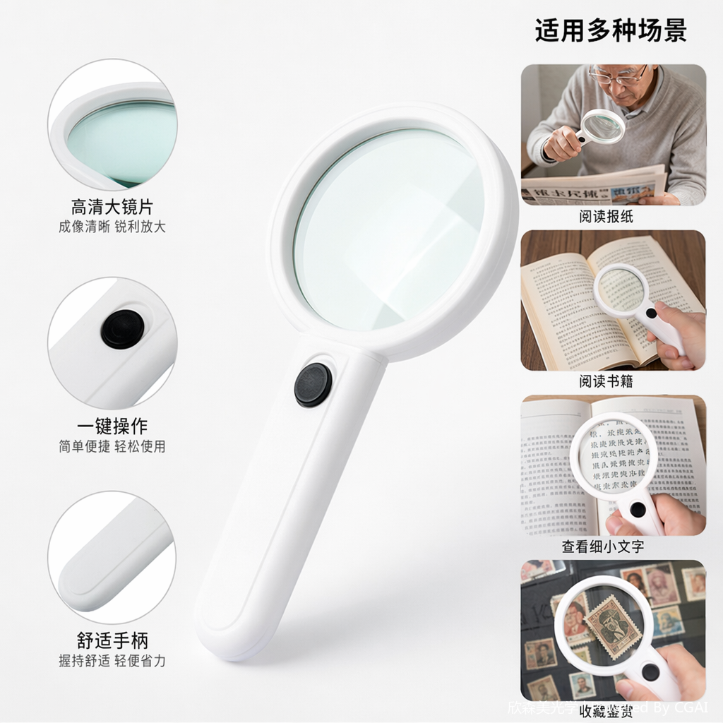 白色感叹号型卡片式放大镜 老人用品 放大镜片台灯两用