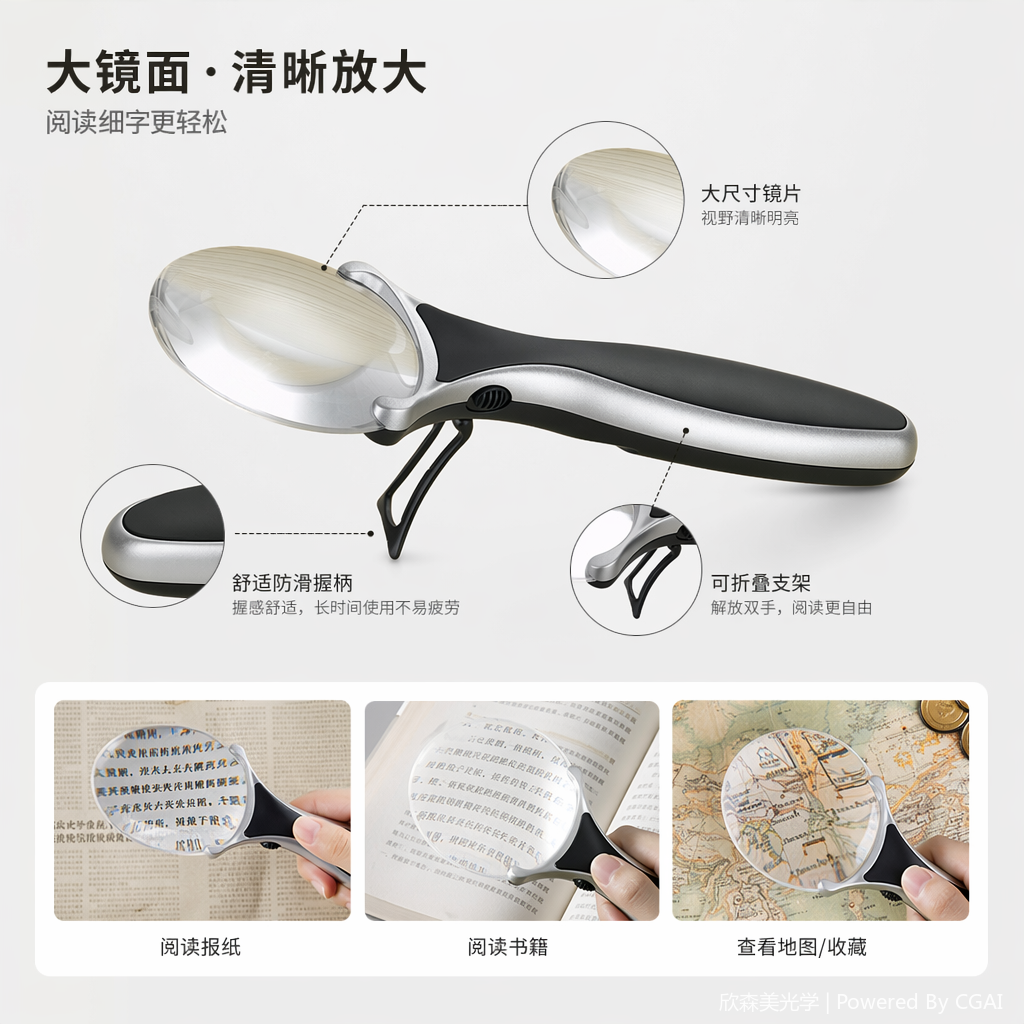 银黑相间卡片式放大镜片台灯 老人用品便携高清放大镜