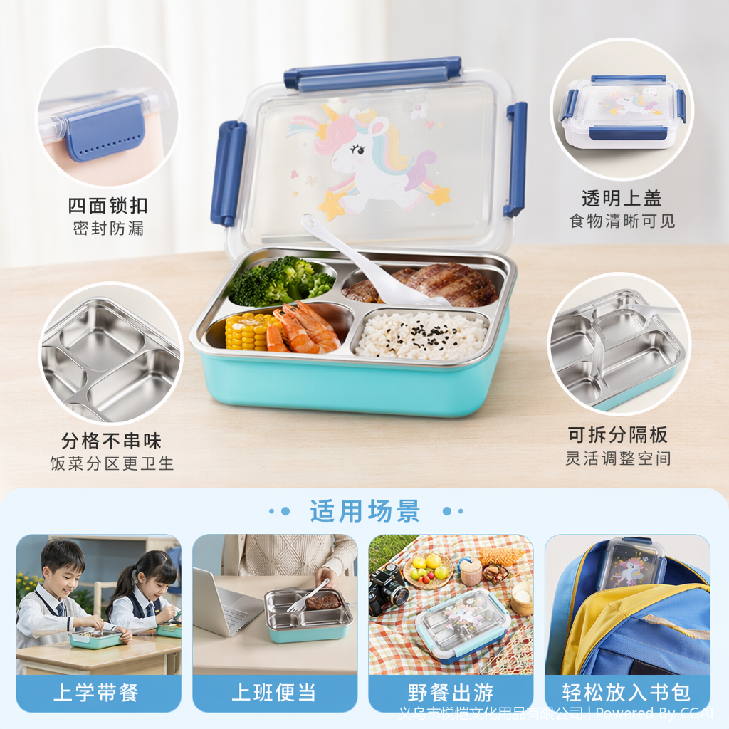 A stainless steel insulated lunch box set with a colorful unicorn pattern style details Picture