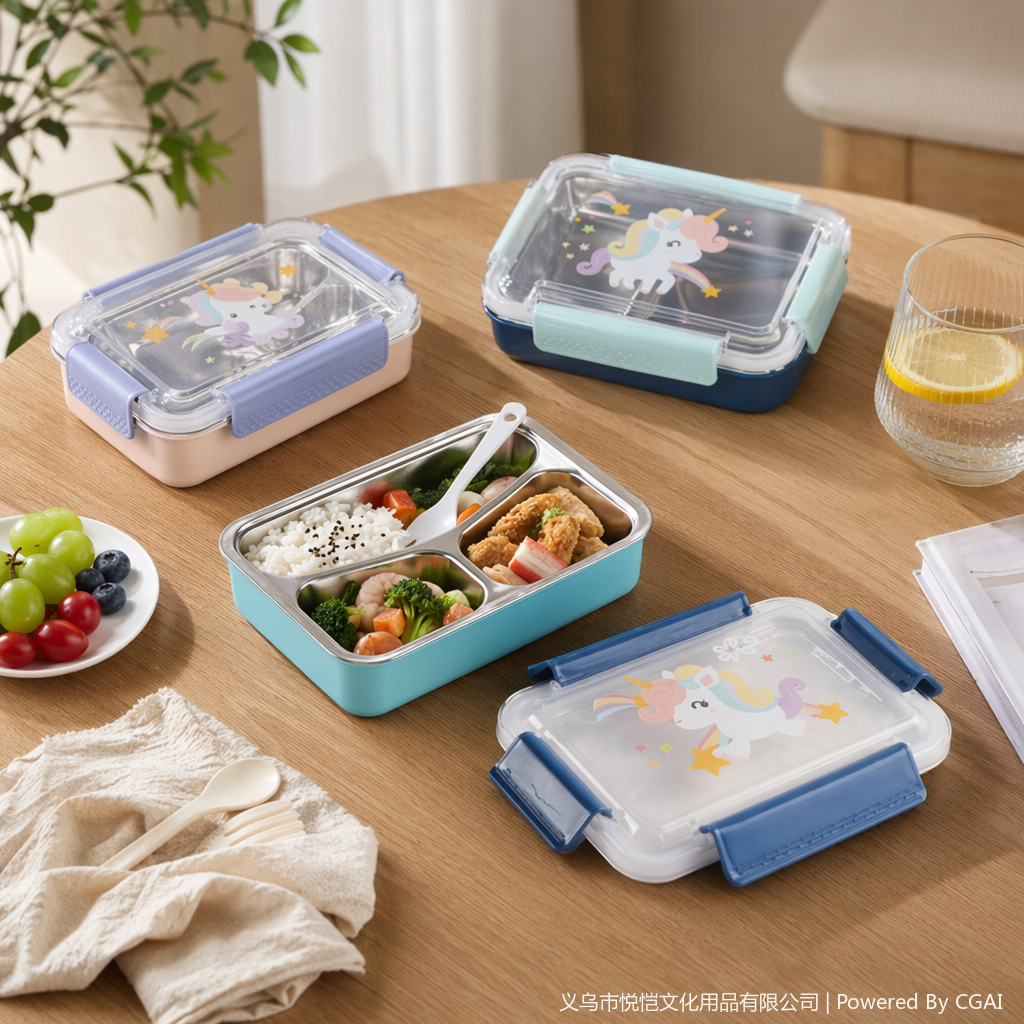 A stainless steel insulated lunch box set with a colorful unicorn pattern style