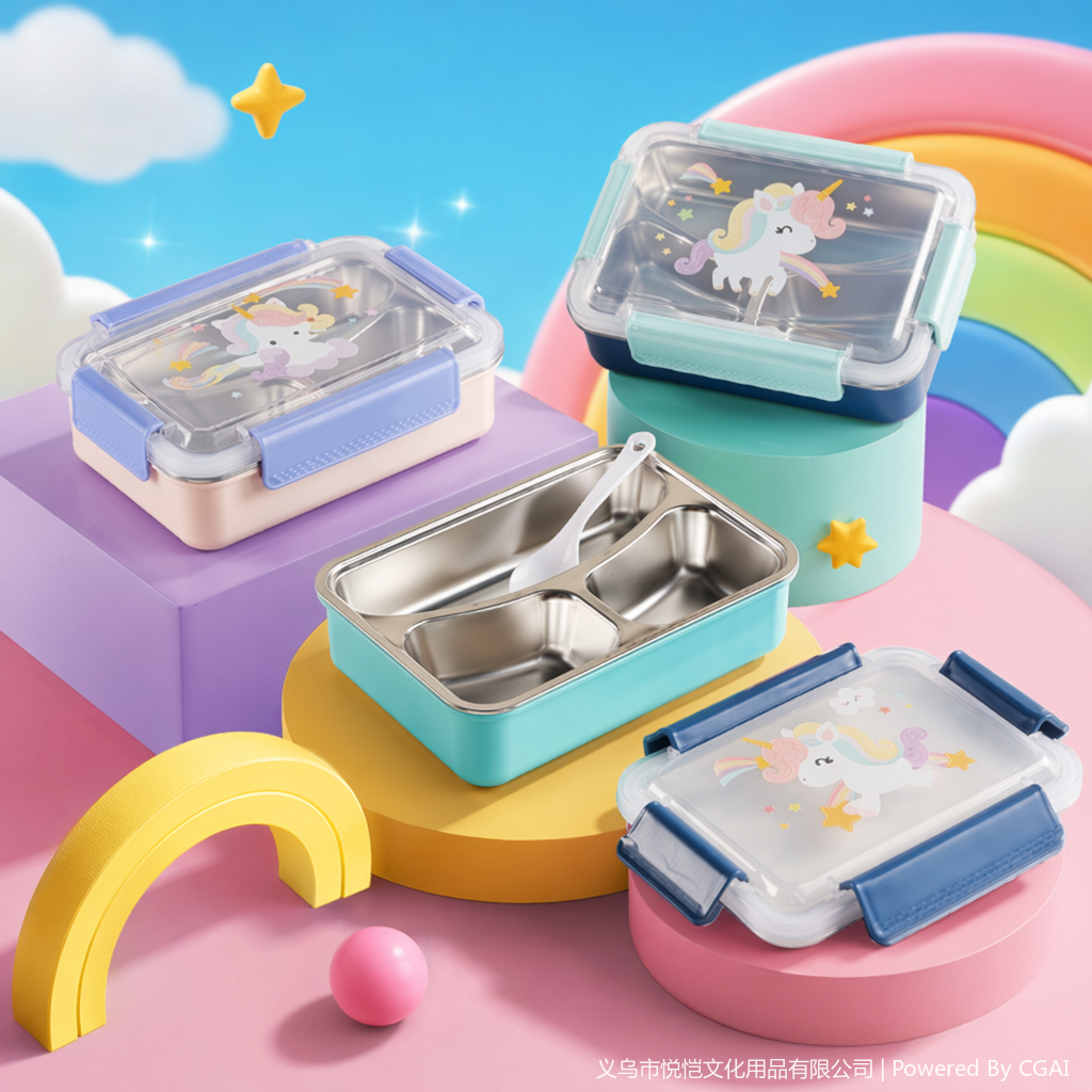 A stainless steel insulated lunch box set with a colorful unicorn pattern style Specification image