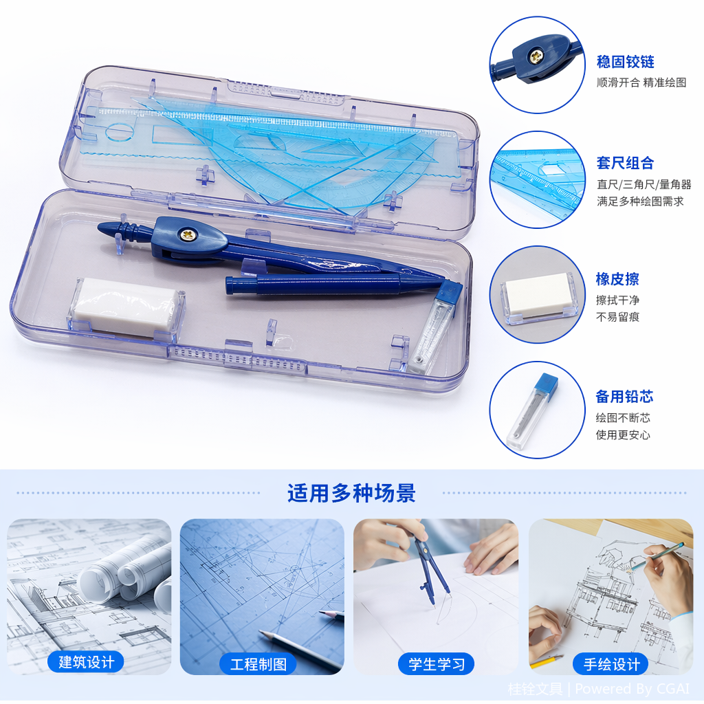 尚锐蓝色圆规套装3件套七件套两件套笔墨用品