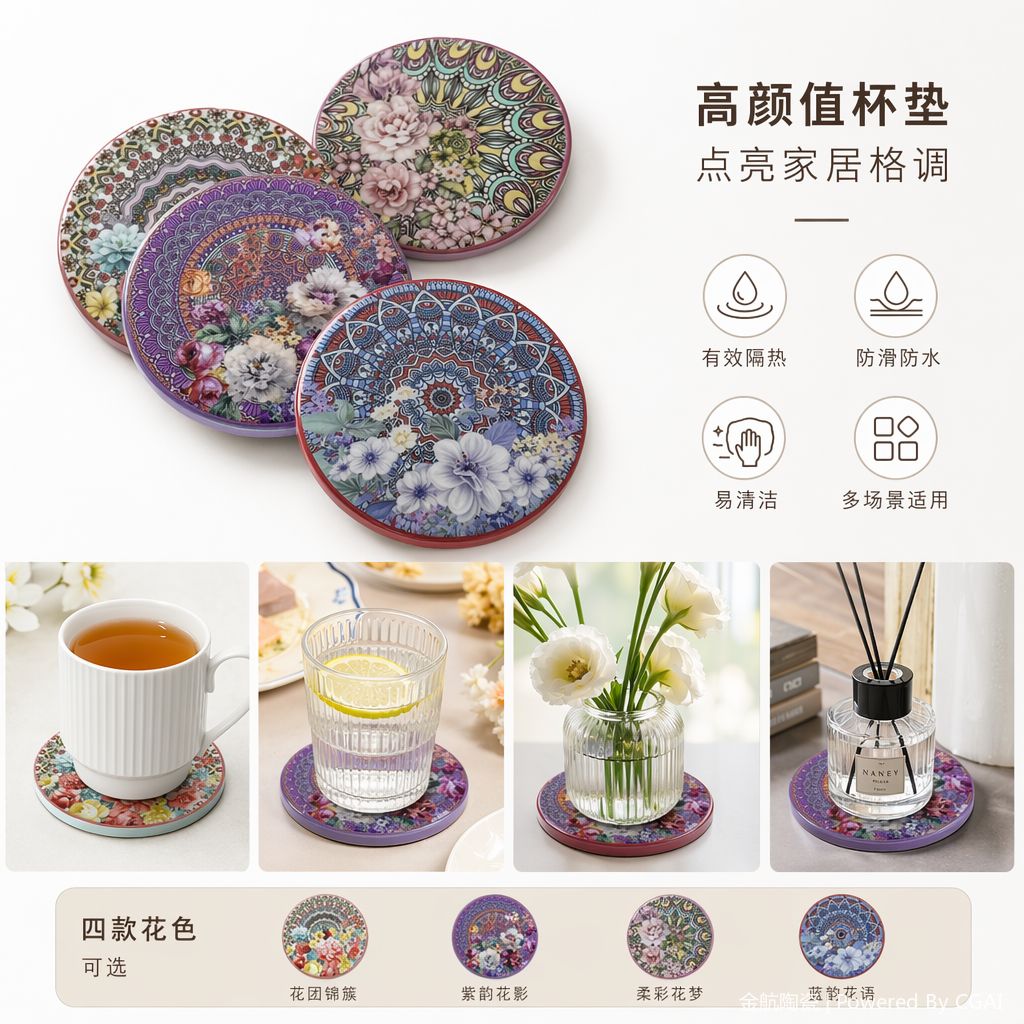 四款彩色花卉曼陀罗图案圆形杯垫其他茶具图