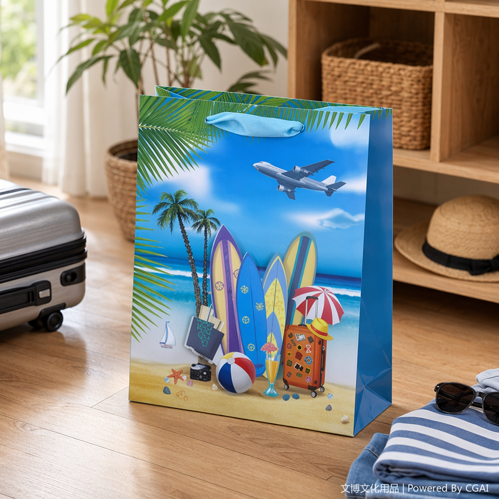 Colorful beach-themed gift bags, souvenir packaging boxes, and running lighting fixture packaging boxes details Picture