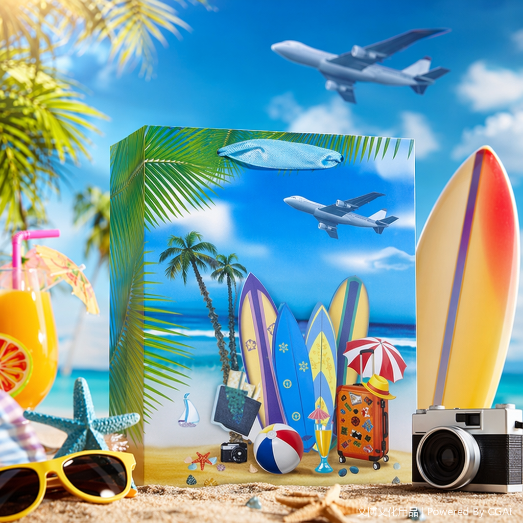 Colorful beach-themed gift bags, souvenir packaging boxes, and running lighting fixture packaging boxes Specification image